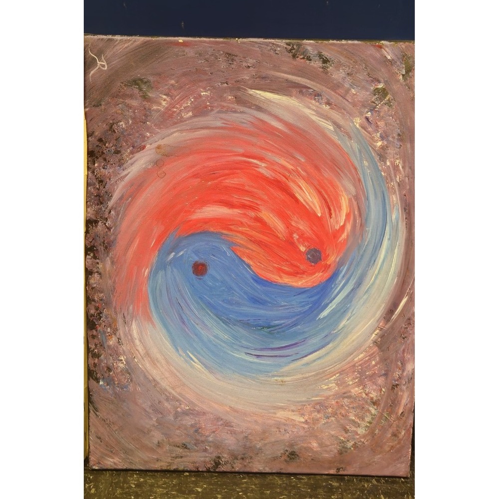 Abstract Yin Yang Original Oil Painting Red Blue Swirl Signed Canvas Art 24x30
